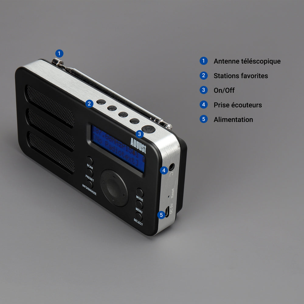 FM DAB+ Radio Portable Réveil Numérique RDS AUX Batterie Rechargeable August MB225 FM DAB+ Radio Portable Réveil Numérique RDS AUX Batterie Rechargeable August MB225