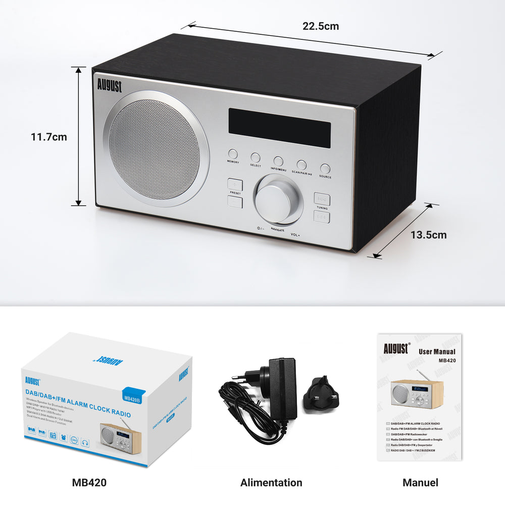 Réveil numérique DAB+ FM double radio haut-parleur Bluetooth August MB420 Réveil numérique DAB+ FM double radio haut-parleur Bluetooth August MB420