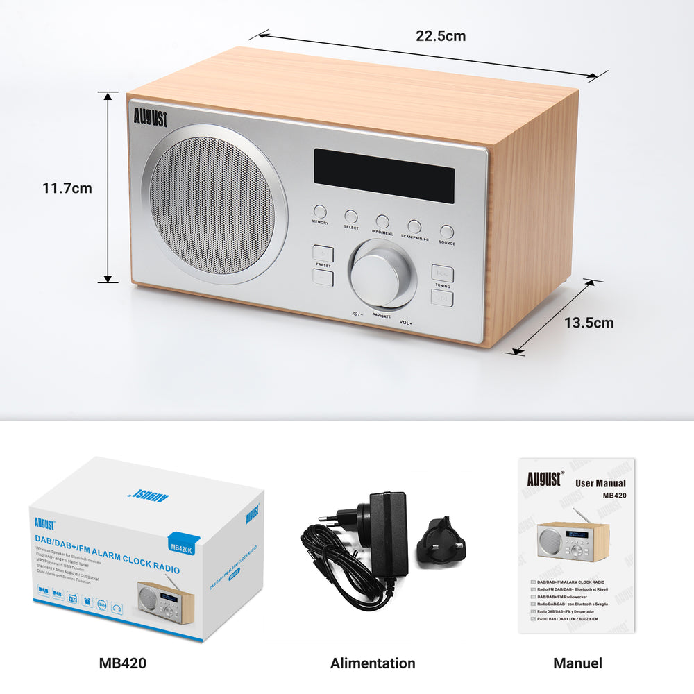 Réveil numérique DAB+ FM double radio haut-parleur Bluetooth August MB420 Réveil numérique DAB+ FM double radio haut-parleur Bluetooth August MB420