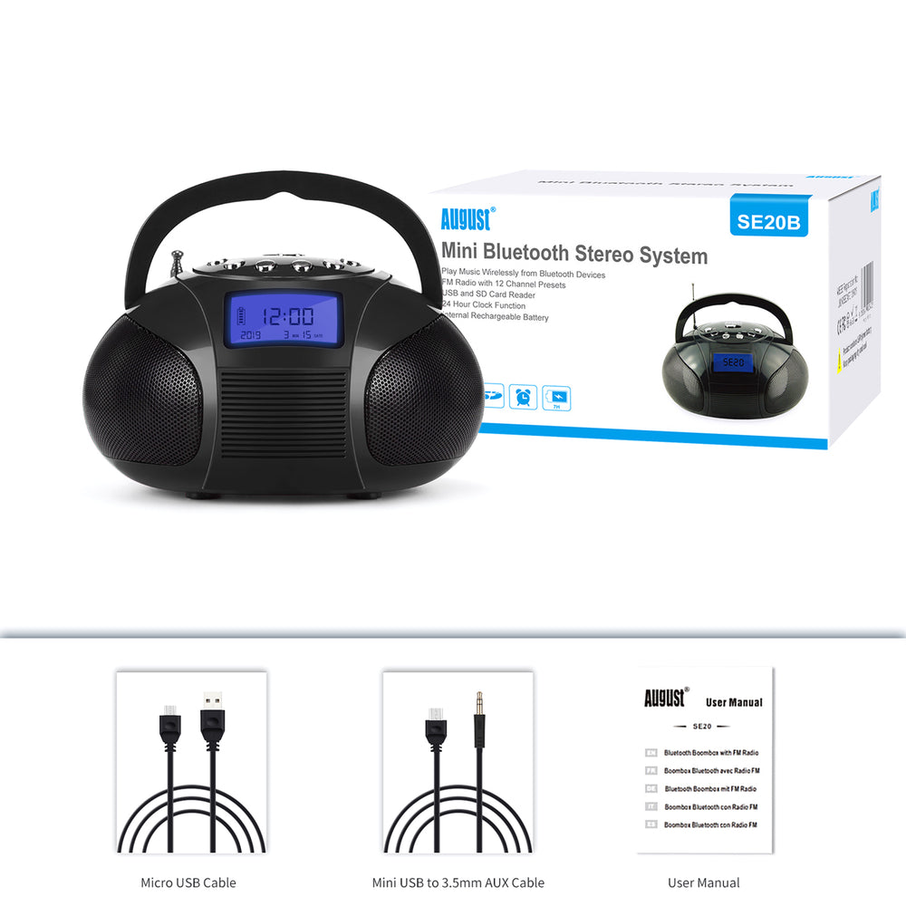 Haut-parleur Bluetooth Portable Rechargeable MP3 AUX FM Réveil Radio August SE20 - Noir Haut-parleur Bluetooth Portable Rechargeable MP3 AUX FM Réveil Radio August SE20 - Noir