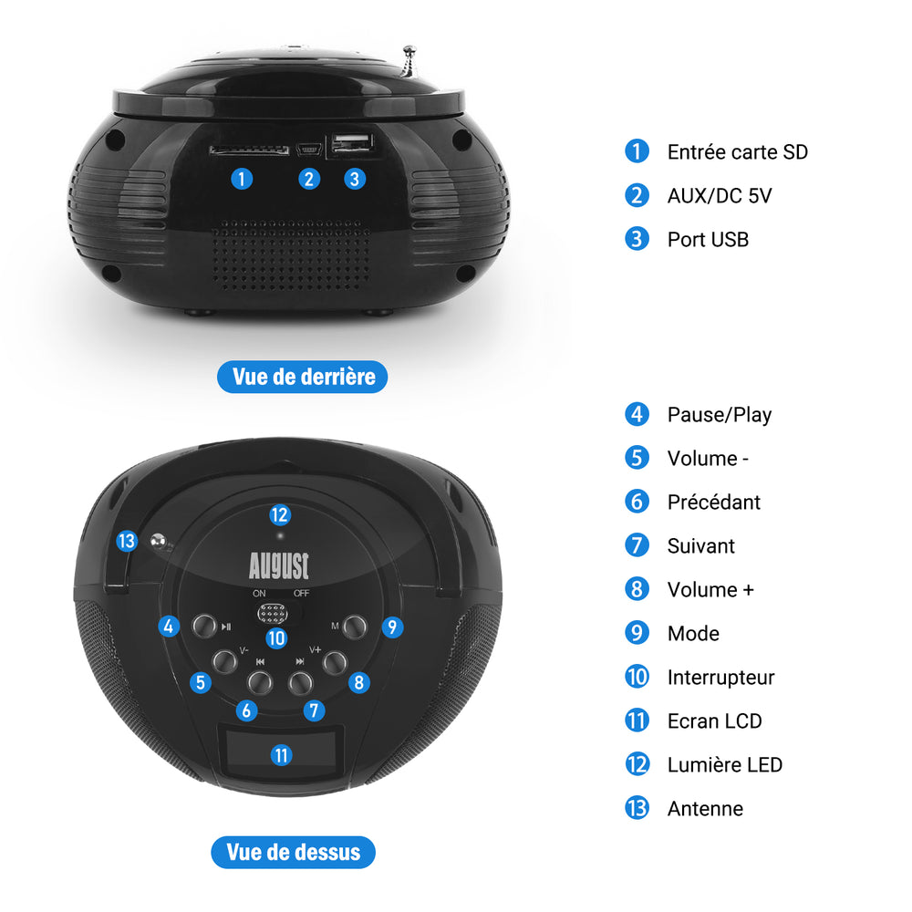 Haut-parleur Bluetooth Portable Rechargeable MP3 AUX FM Réveil Radio August SE20 - Noir Haut-parleur Bluetooth Portable Rechargeable MP3 AUX FM Réveil Radio August SE20 - Noir