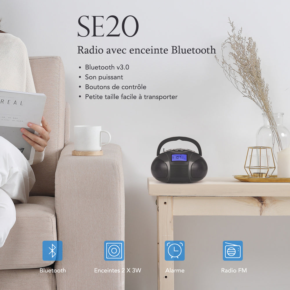 Haut-parleur Bluetooth Portable Rechargeable MP3 AUX FM Réveil Radio August SE20 - Noir Haut-parleur Bluetooth Portable Rechargeable MP3 AUX FM Réveil Radio August SE20 - Noir