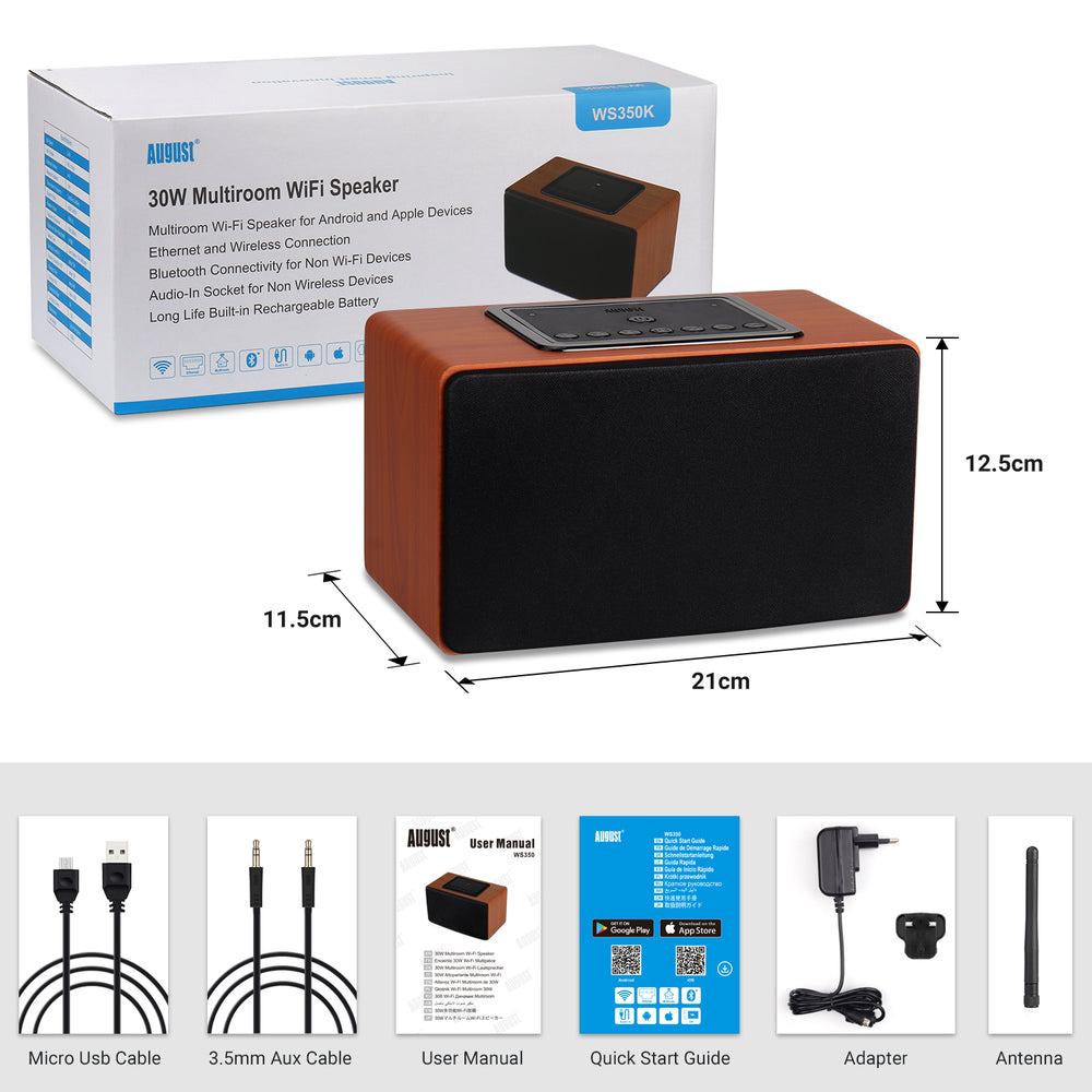 Système de haut-parleurs multiroom avec haut-parleur Wifi portable avec AUX, USB, Spotify, DLNA, TuneIn - August WS350K Système de haut-parleurs multiroom avec haut-parleur Wifi portable avec AUX, USB, Spotify, DLNA, TuneIn - August WS350K