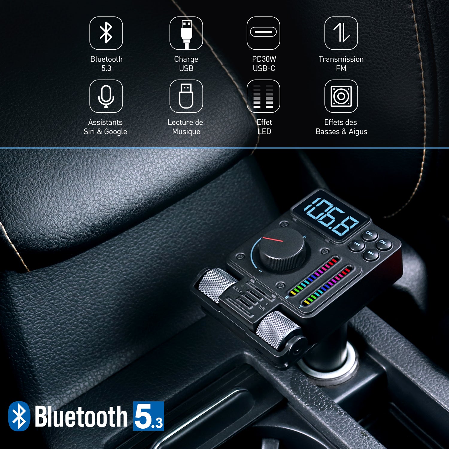 Transmetteur FM Bluetooth pour voiture et kit mains libres avec port USB August CR235