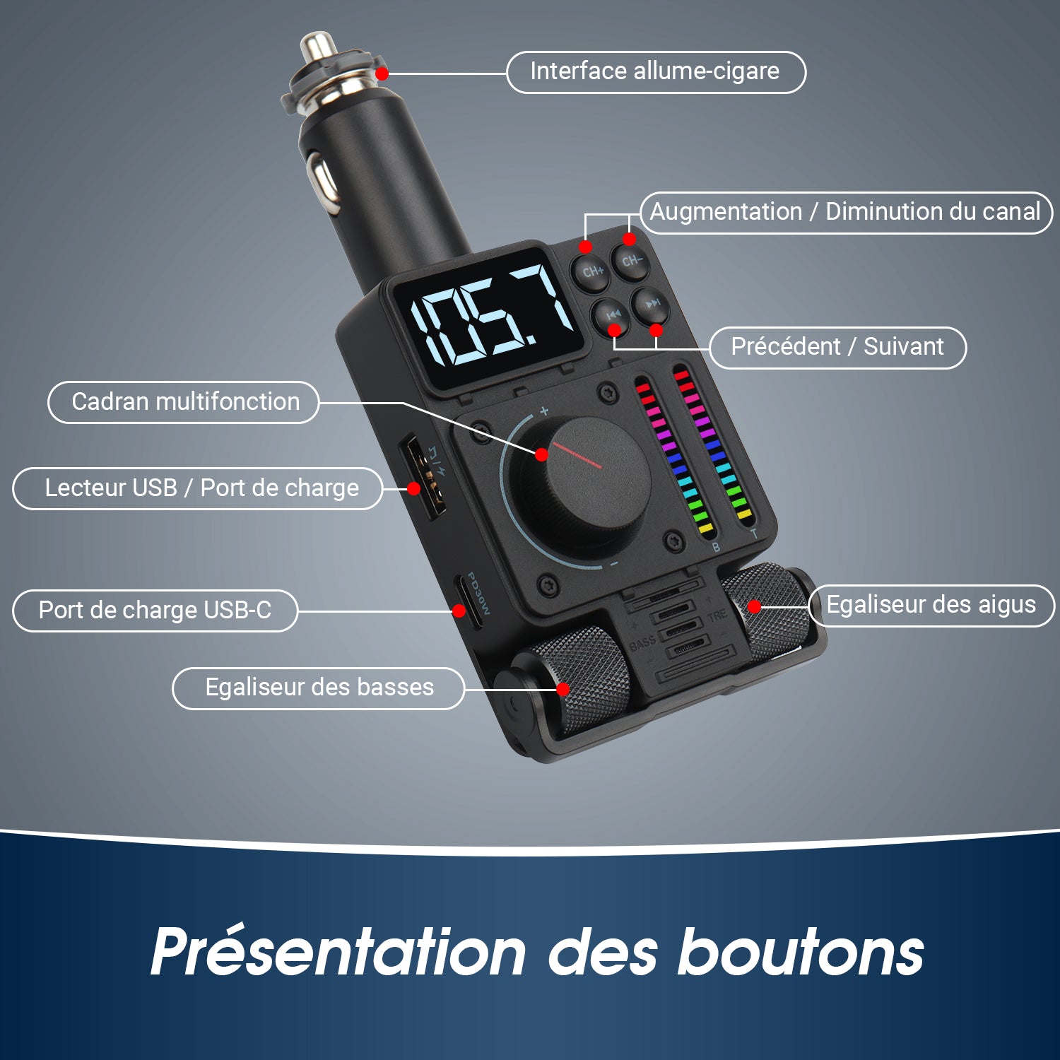 Transmetteur FM Bluetooth pour voiture et kit mains libres avec port USB August CR235