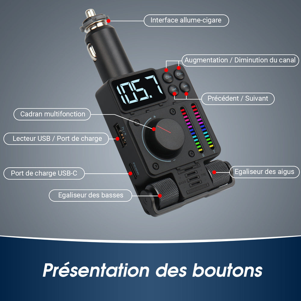 Transmetteur FM Bluetooth pour voiture et kit mains libres avec port USB August CR235