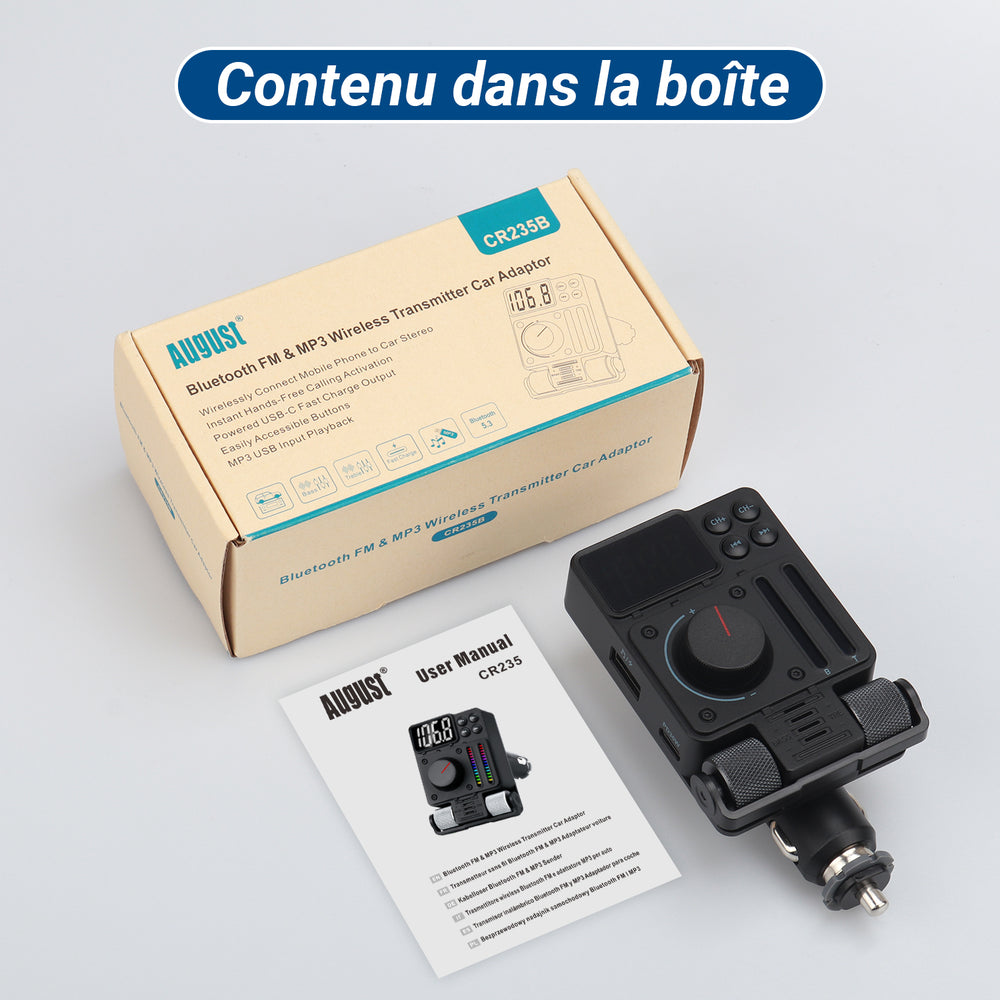 Transmetteur FM Bluetooth pour voiture et kit mains libres avec port USB August CR235