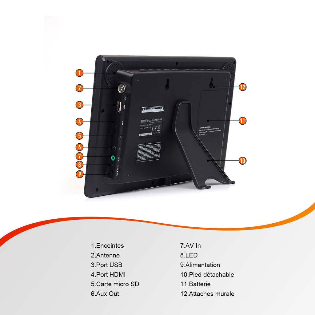 TV portable 10 pouces TNT numérique HDMI USB PVR AV-In multimédia DVB-T2 August DA100D