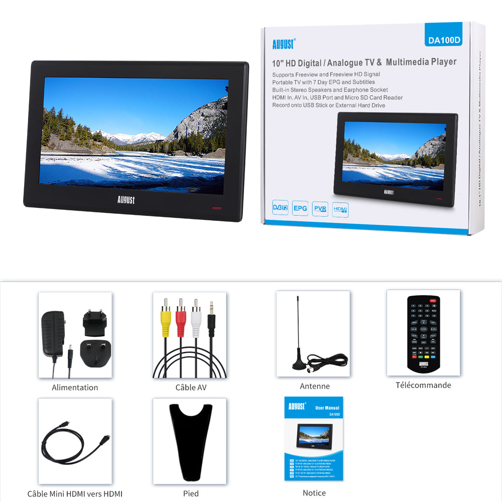 TV portable 10 pouces TNT numérique HDMI USB PVR AV-In multimédia DVB-T2 August DA100D