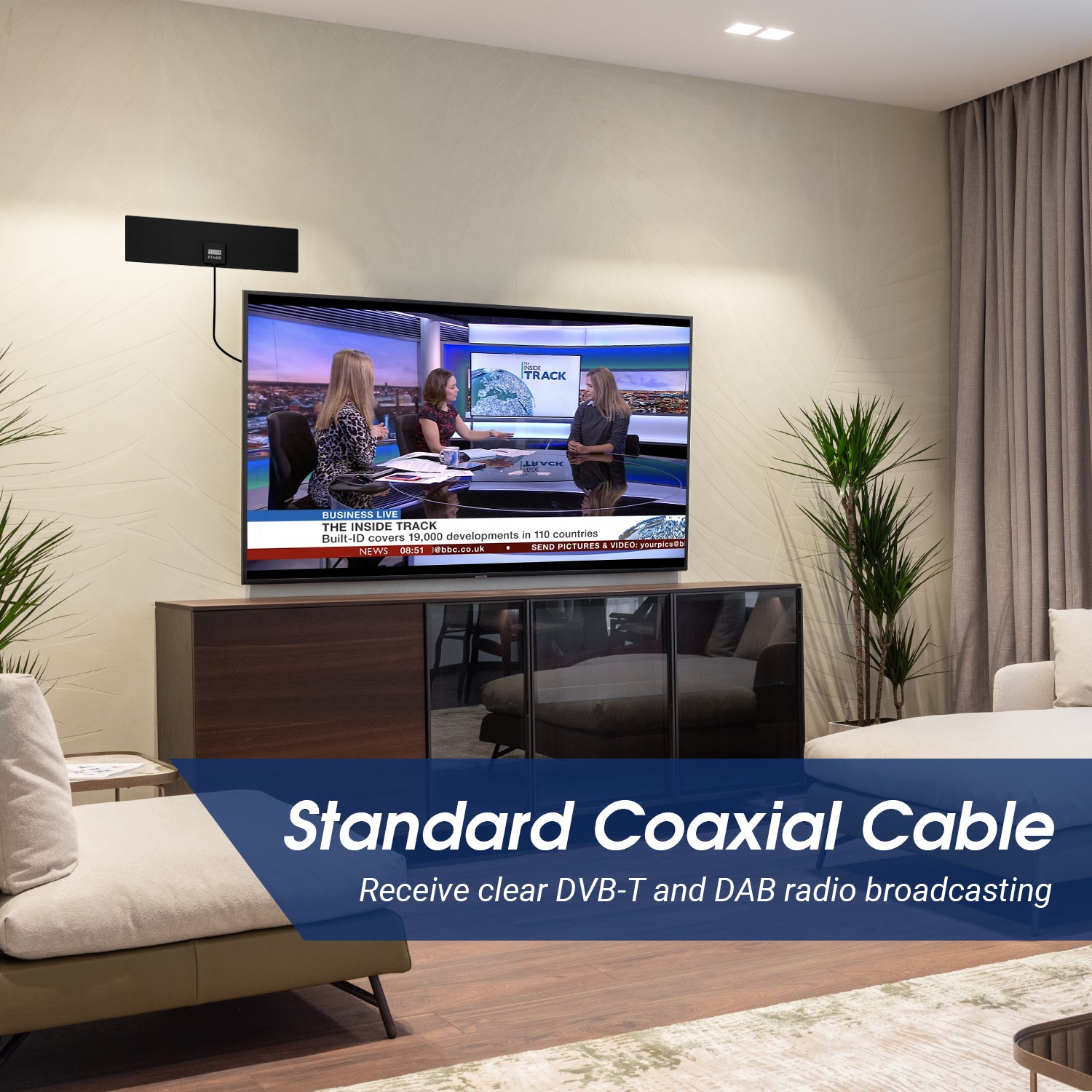 Antenne Numérique Intérieure TV Avec Amplificateur - Réception HD DVB-T2 120 Miles Avec Câble 5m