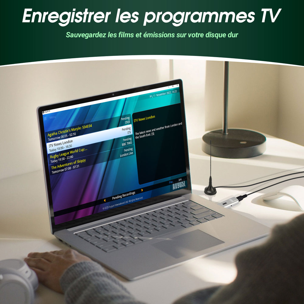 Clé USB DVB-T2 PC TNT TV PC Tuner Regarder des enregistrements Timeshift TV en direct PC portable August DVB-T210