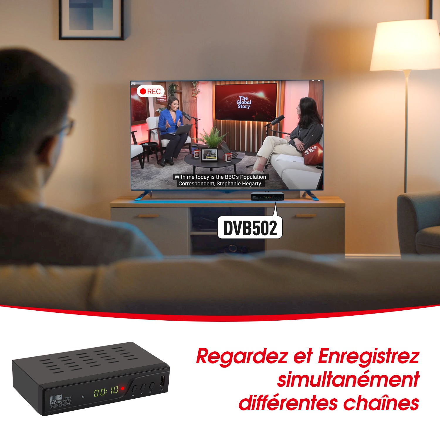 Boîtier d'enregistrement TV TNT avec stockage SSD interne de 256 Go pour plus de 100 heures de télévision - August DVB502