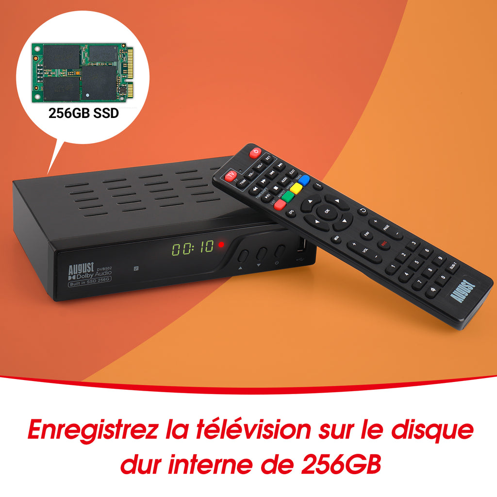 Boîtier d'enregistrement TV TNT avec stockage SSD interne de 256 Go pour plus de 100 heures de télévision - August DVB502