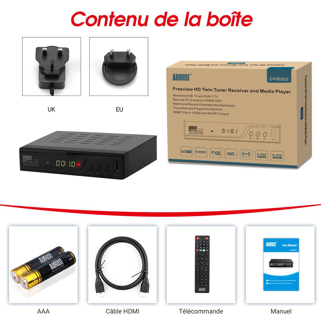 Boîtier d'enregistrement TV TNT avec stockage SSD interne de 256 Go pour plus de 100 heures de télévision - August DVB502