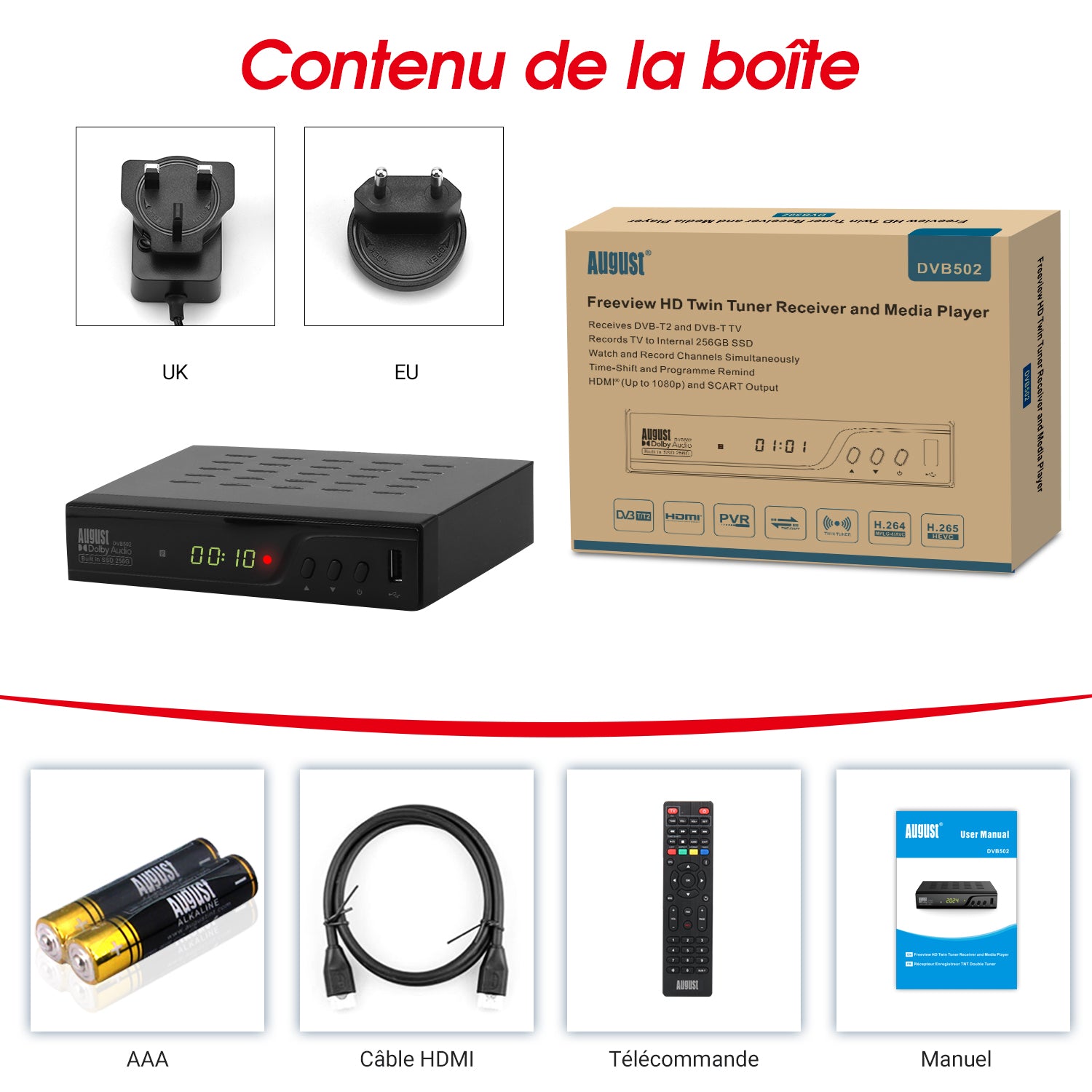 Boîtier d'enregistrement TV TNT avec stockage SSD interne de 256 Go pour plus de 100 heures de télévision - August DVB502