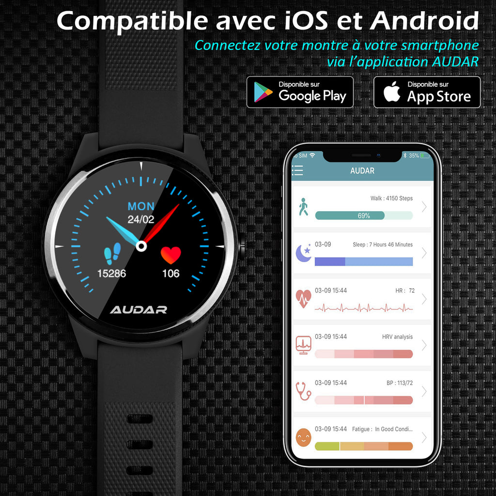 Montre de remise en forme intelligente Surveillez votre famille ou votre Fréquence cardiaque Pression artérielle Batterie longue durée Audar E1