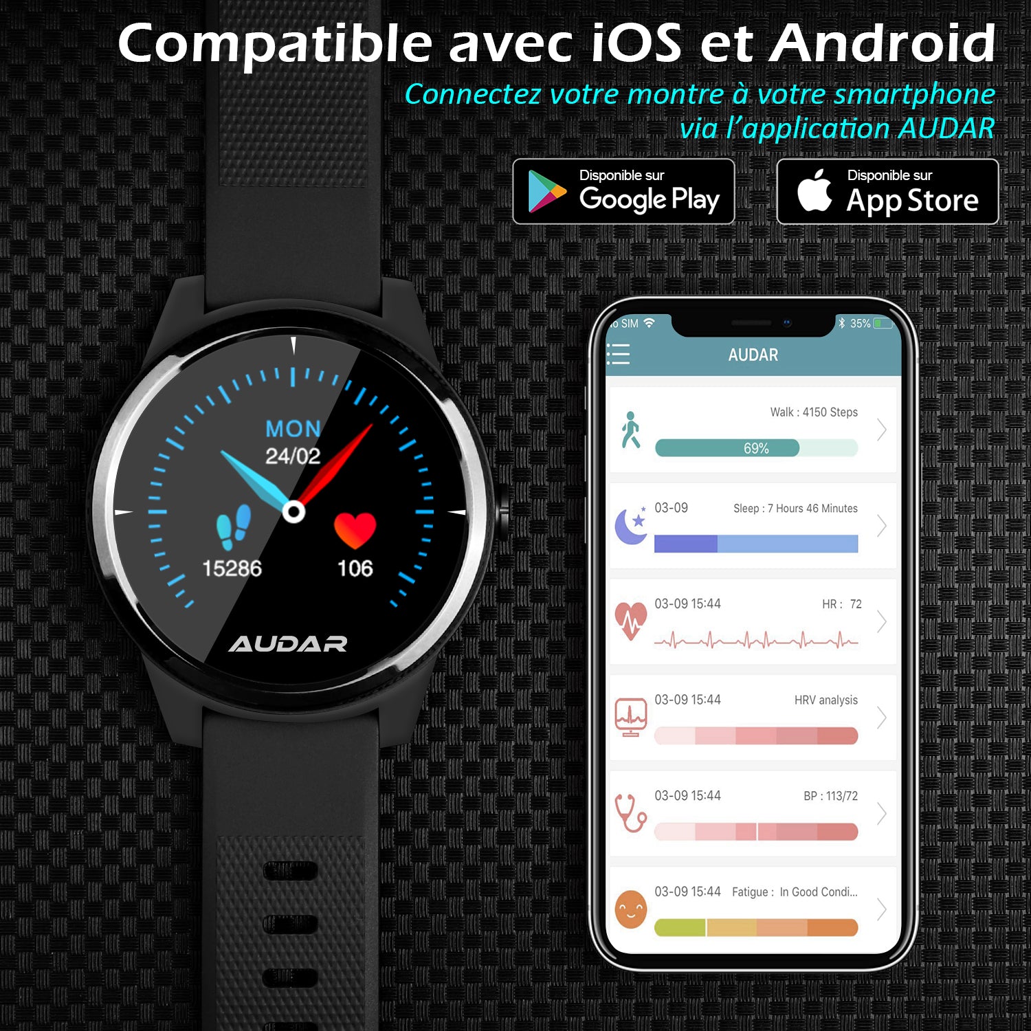 Montre de remise en forme intelligente Surveillez votre famille ou votre Fréquence cardiaque Pression artérielle Batterie longue durée Audar E1