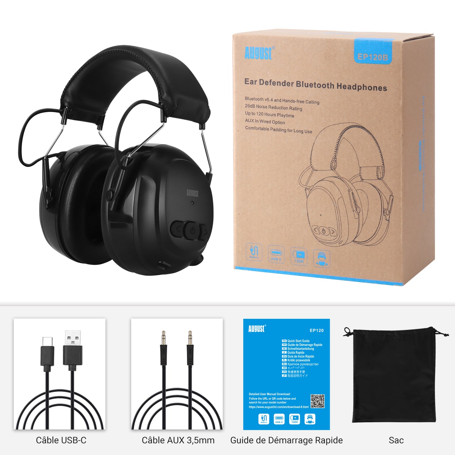 Écouteurs Bluetooth rechargeables avec protège-oreilles antibruit ANC - AUGUST EP120