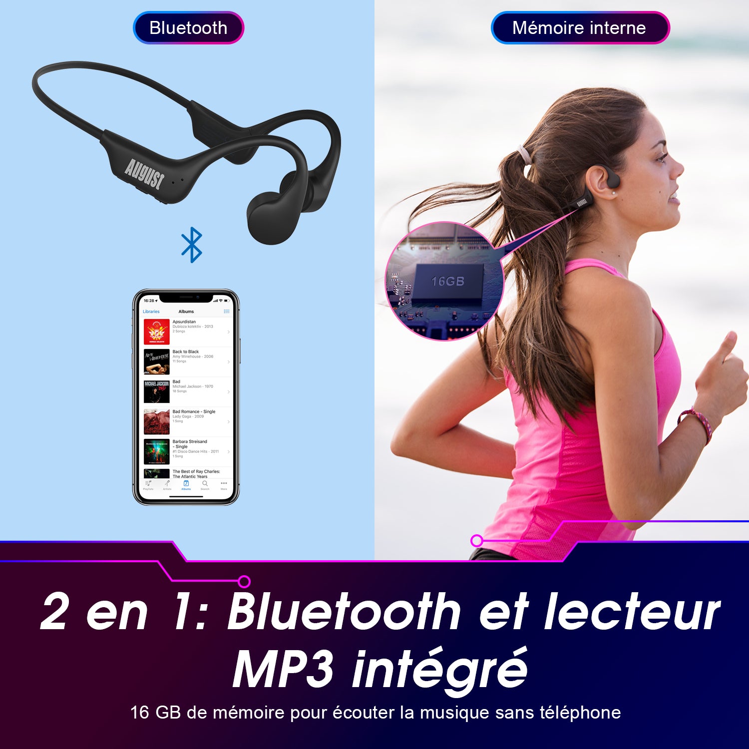 Casque à Conduction Osseuse Lecteur MP3 Intégré Bluetooth August EP400