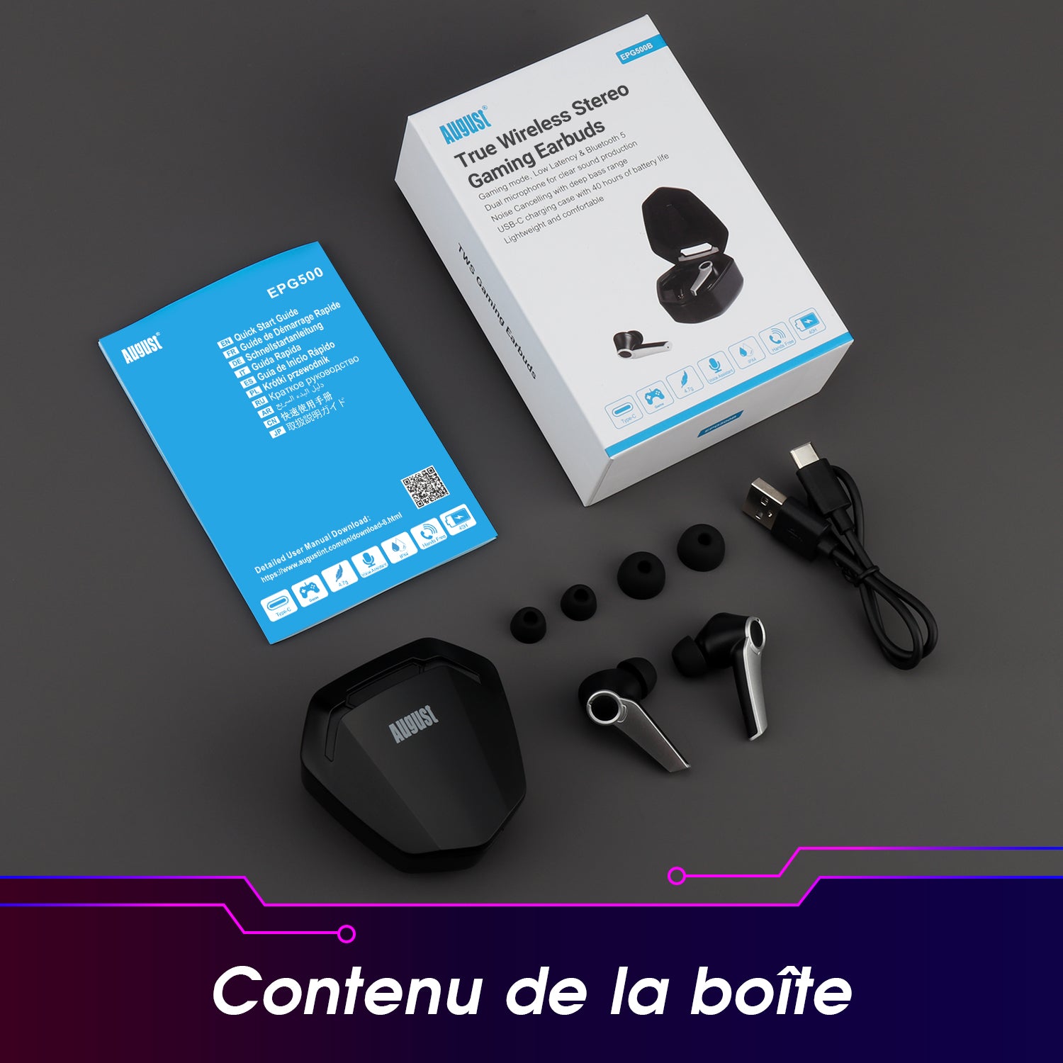 Écouteurs de jeu Bluetooth TWS Étui de voyage à double microphone à faible latence USB-C - EPG500