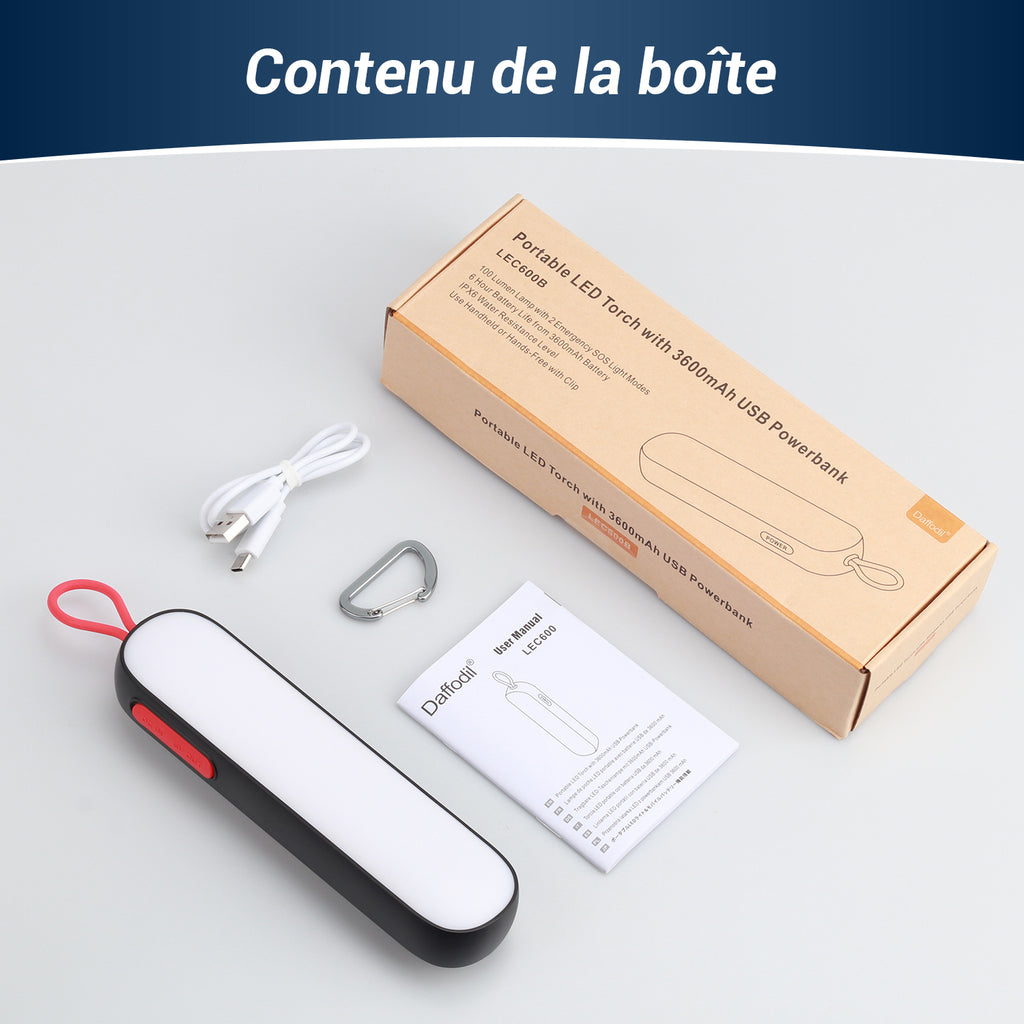 Torche LED rechargeable avec mode SOS lumière rouge et batterie externe de camping | LEC600