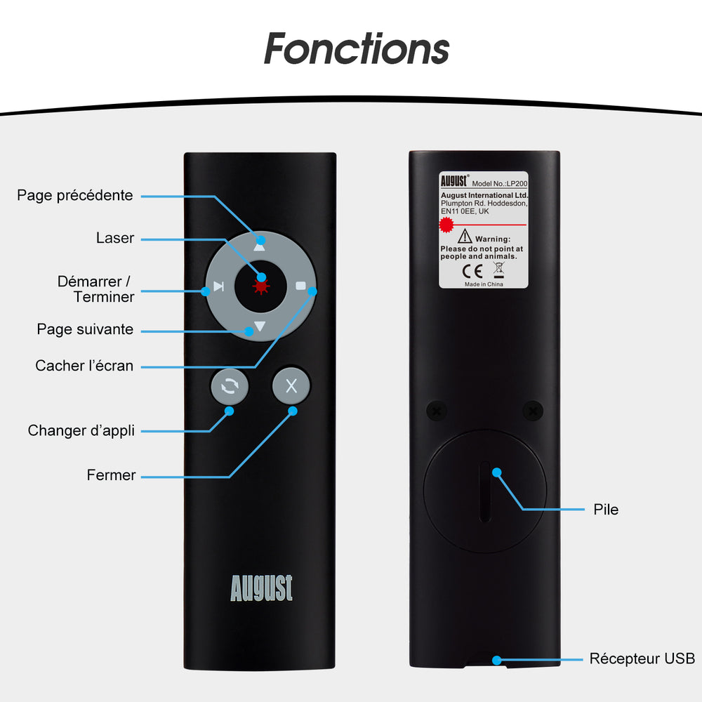 Pointeur laser PowerPoint et clicker de présentation avec touches de raccourci August LP200