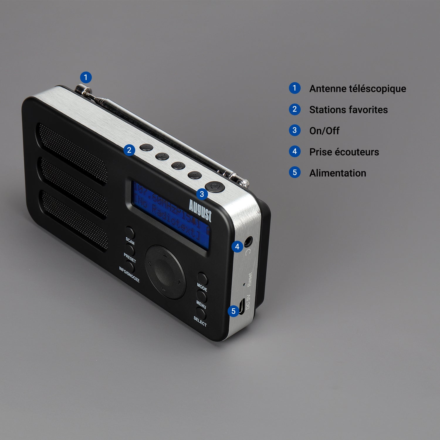 FM DAB+ Radio Portable Réveil Numérique RDS AUX Batterie Rechargeable August MB225