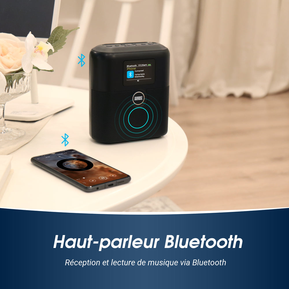 Haut-parleur Bluetooth portable DAB / DAB+ / FM Radio-réveil numérique August MB330