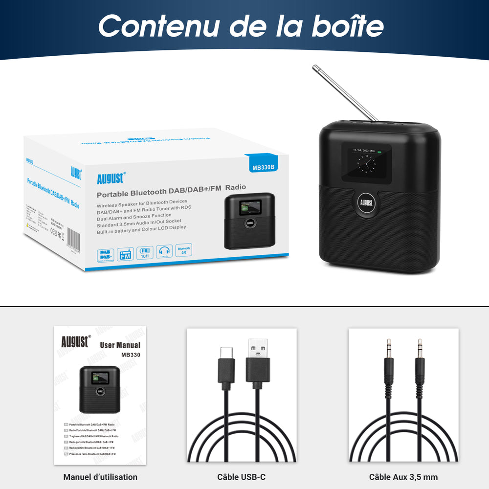 Haut-parleur Bluetooth portable DAB / DAB+ / FM Radio-réveil numérique August MB330