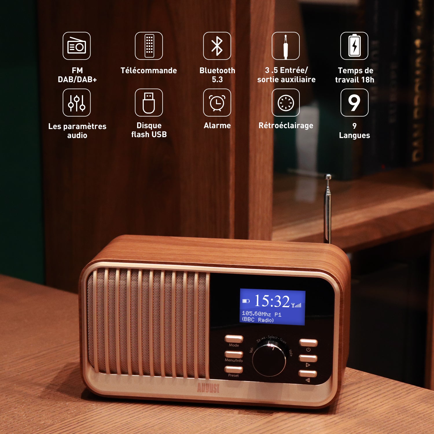 Radio-réveil rétro DAB avec FM, Bluetooth 5.3, USB, entrées carte SD August MB450K