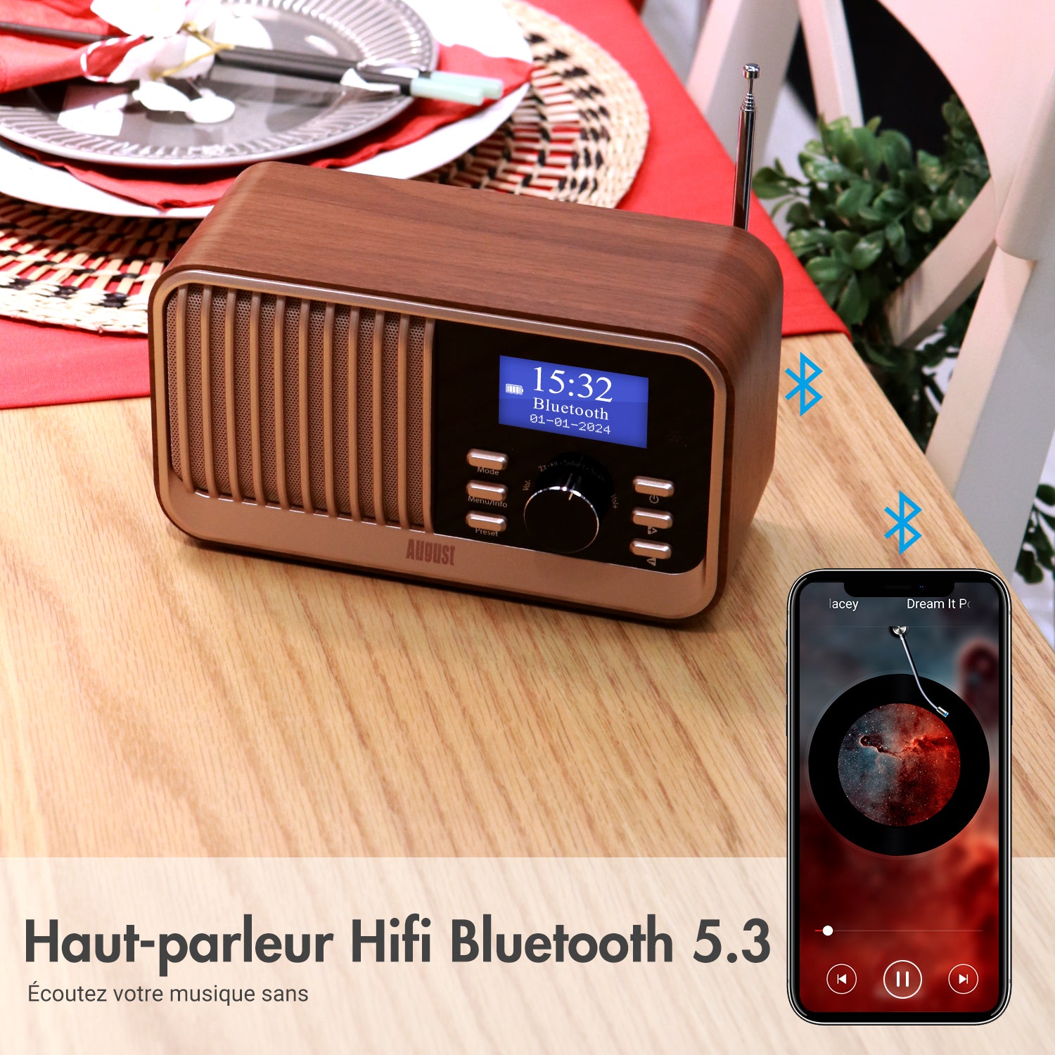 Radio-réveil rétro DAB avec FM, Bluetooth 5.3, USB, entrées carte SD August MB450K