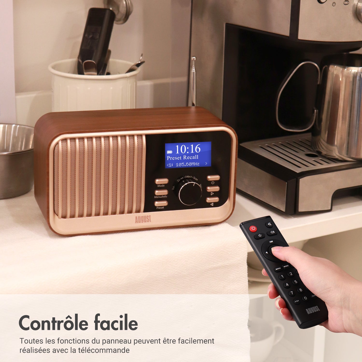 Radio-réveil rétro DAB avec FM, Bluetooth 5.3, USB, entrées carte SD August MB450K