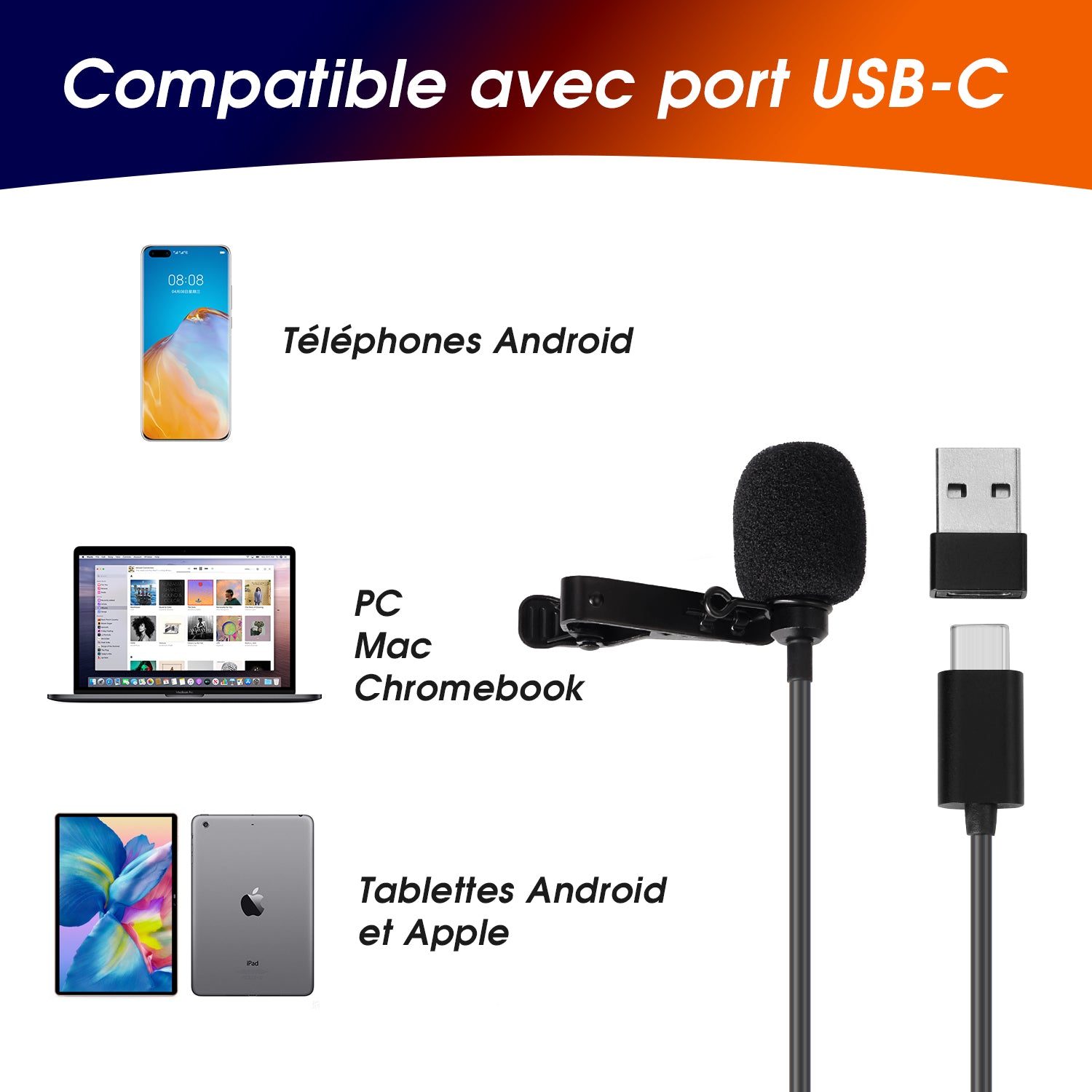 USB C Lavalier Microphone Omnidirectionnel Revers Mic Clip Enregistreur Professionnel Dynamique - MCP150