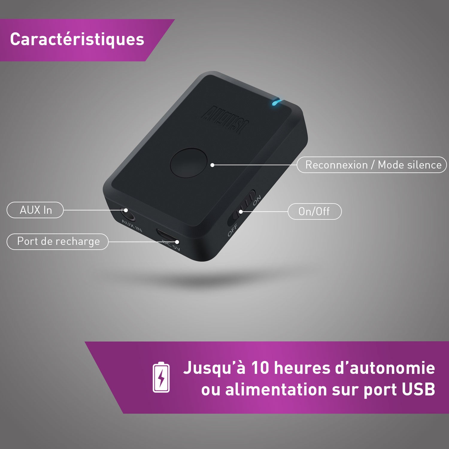 Adaptateur audio Bluetooth émetteur AUX AptX faible latence August MR250B