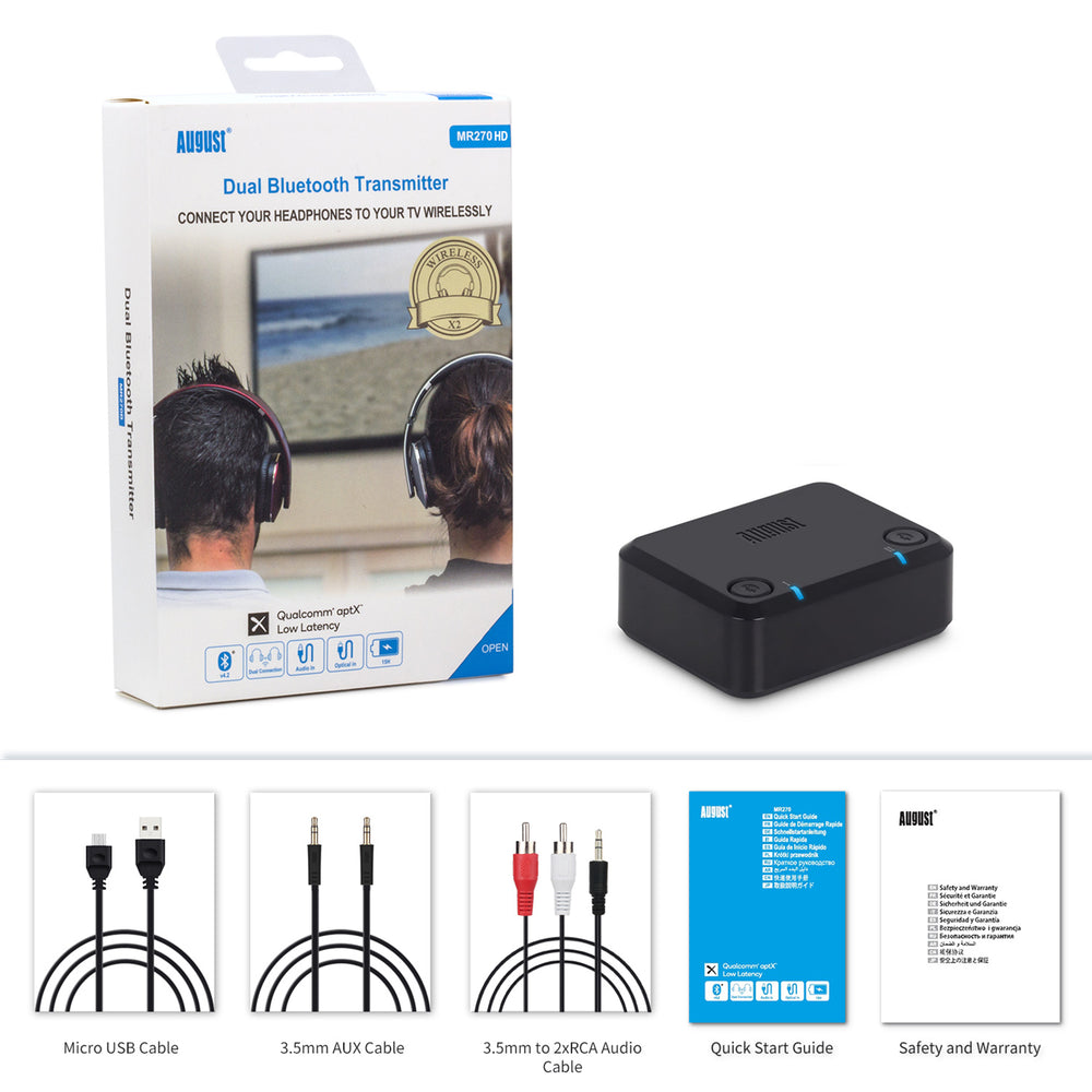 Adaptateur double émetteur audio Bluetooth AptX faible latence HD pour écouteurs casques MR270B-HD