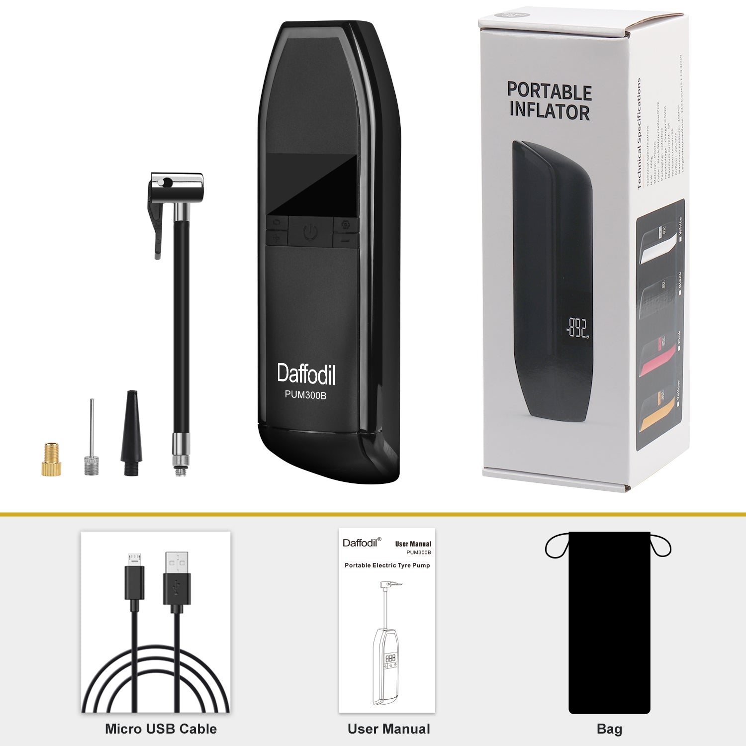 Compresseur d'air portable Pompe à main automatique rechargeable pour pneus - PUM300