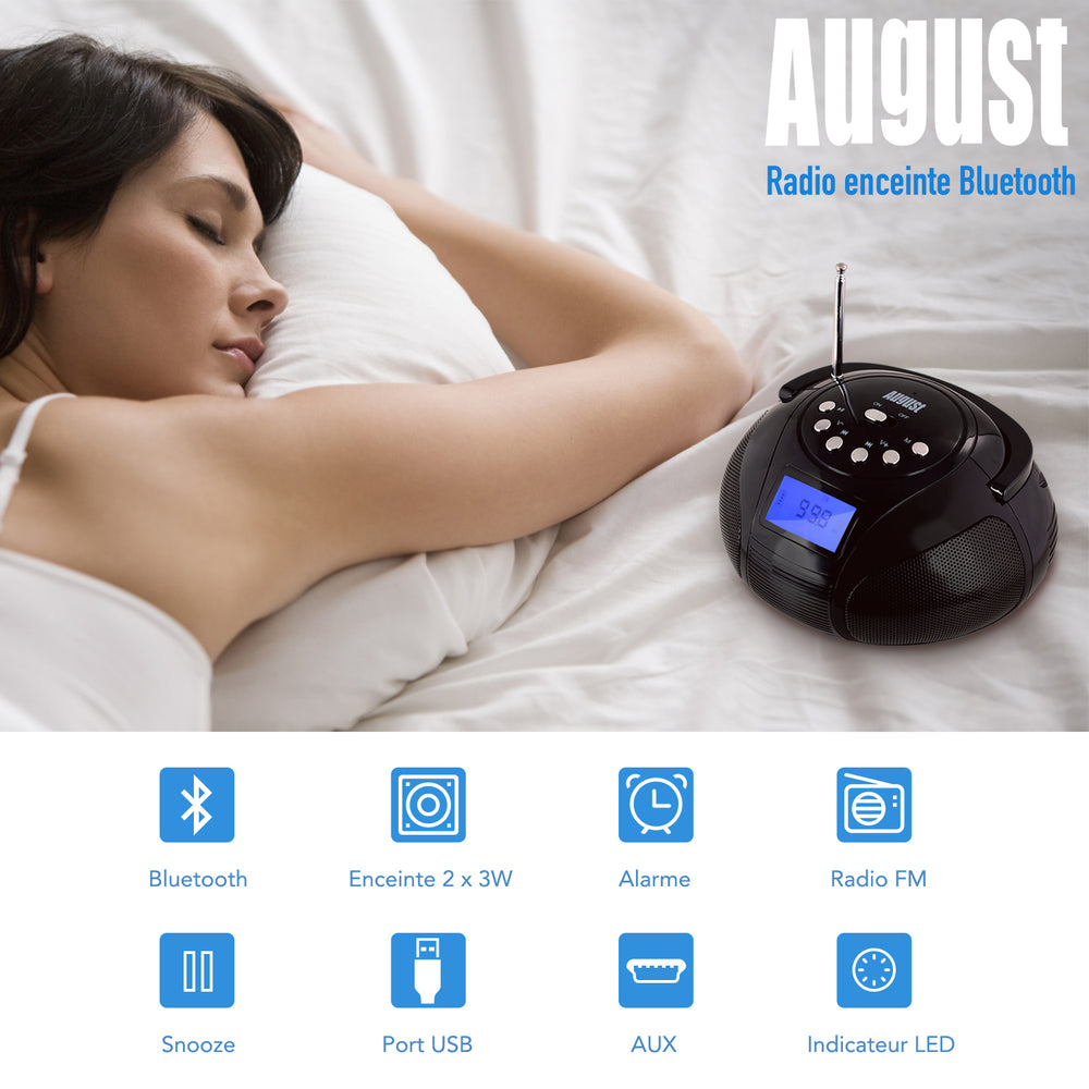 Haut-parleur Bluetooth Portable Rechargeable MP3 AUX FM Réveil Radio August SE20 - Noir