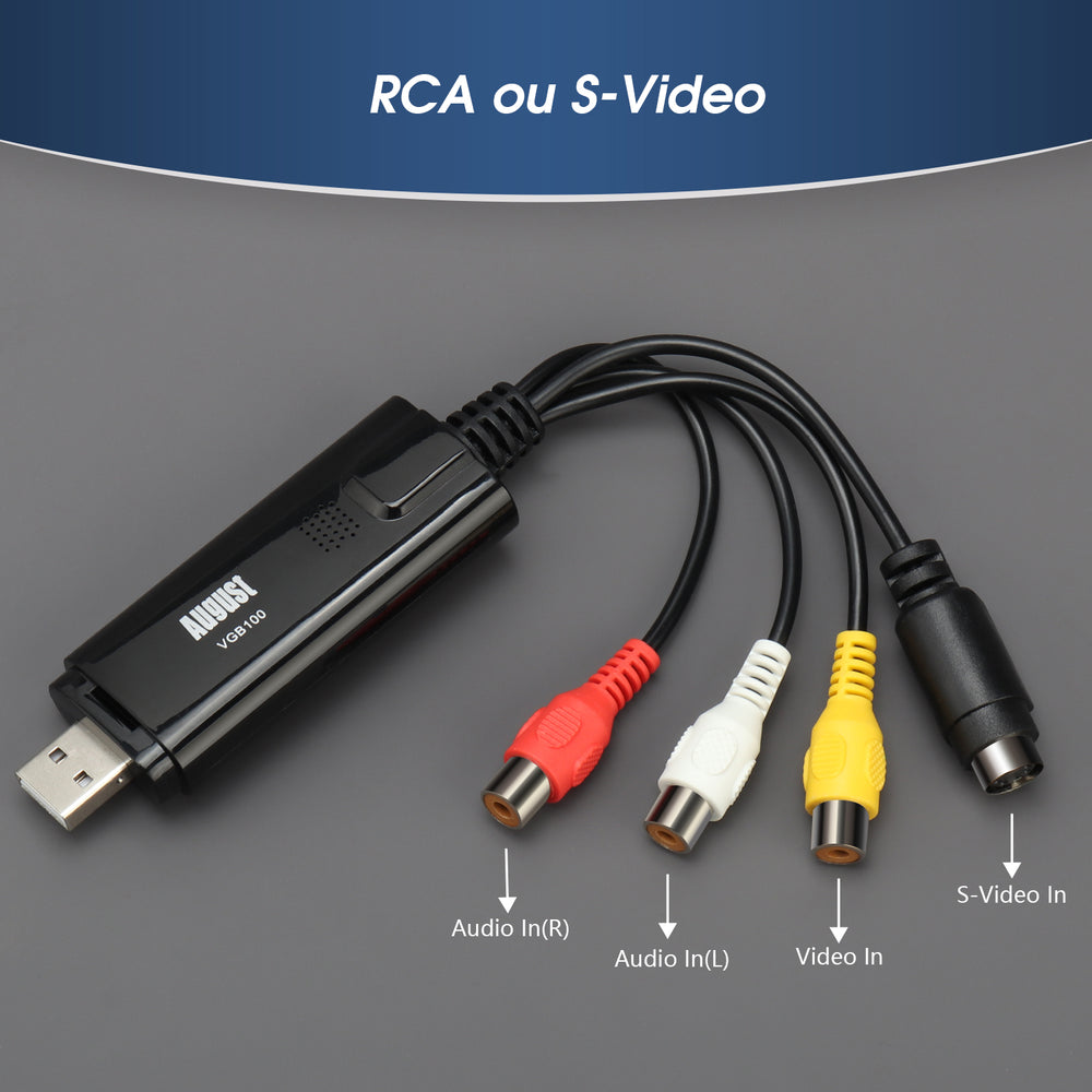 VHS à carte de capture PC USB numérique pour magnétoscope DVD caméscope Windows August VGB100