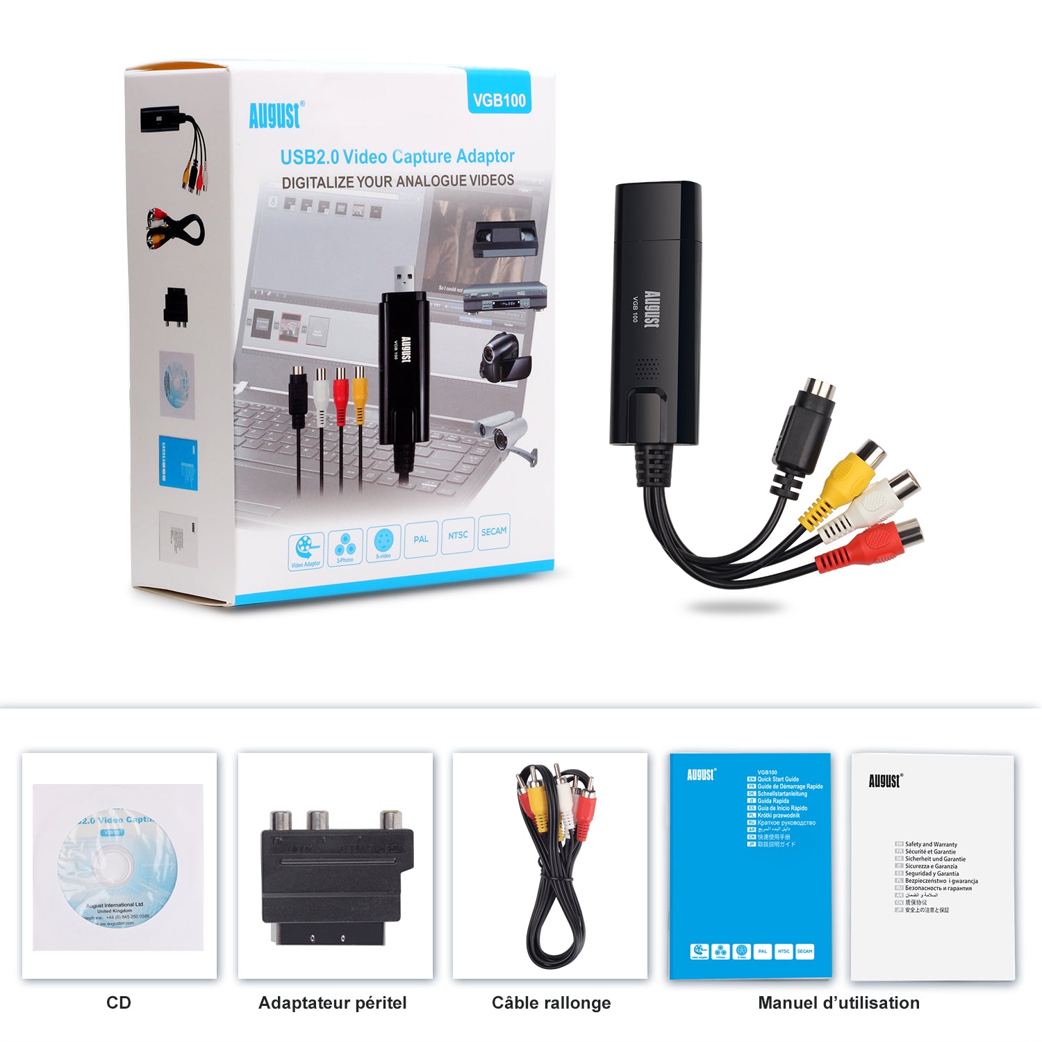 VHS à carte de capture PC USB numérique pour magnétoscope DVD caméscope Windows August VGB100