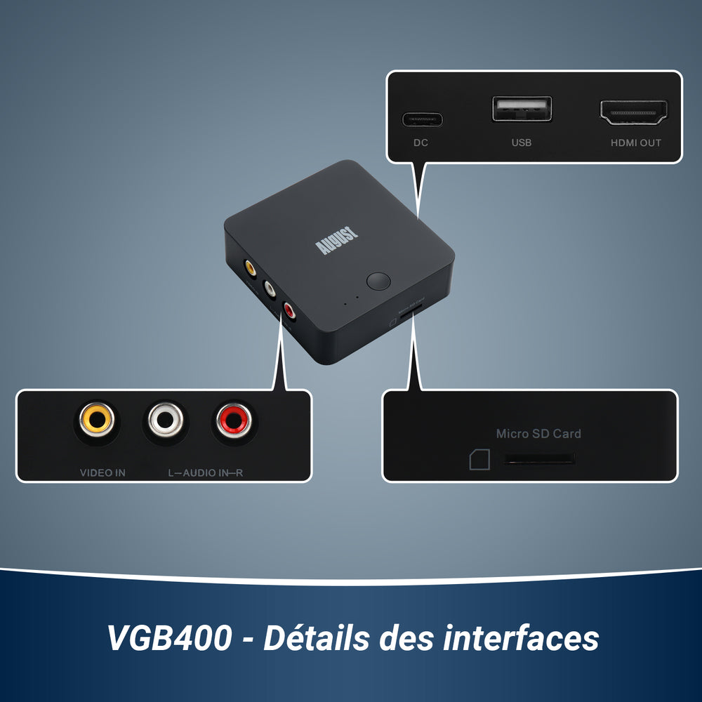 Convertisseur VHS vers USB numérique Aucun PC requis Carte de capture vidéo autonome August VGB400